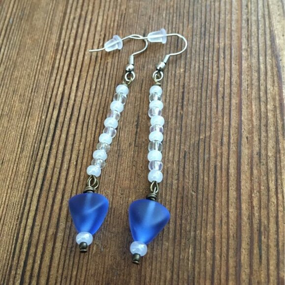 Blue/White Ladies Dangle Earrings, Handmade Ladies Earrings - Picture 2 of 5